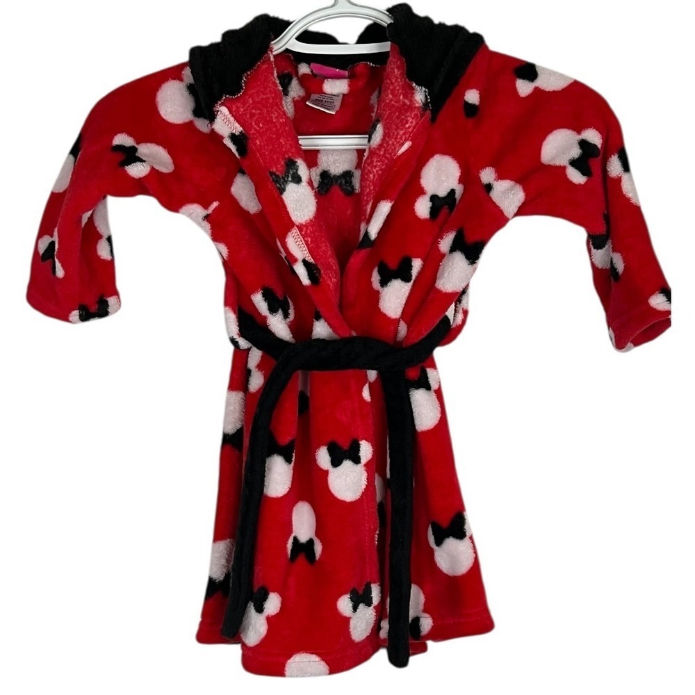 Disney Minnie Mouse Girls Red Fleece Hooded Bathrobe with Bow Ears - Size 2T/3T